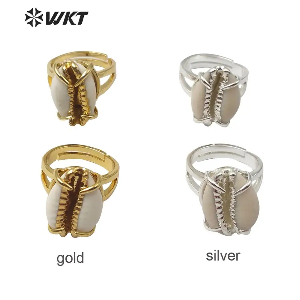 WT-R349 WKT Beautiful Adjustable Size Gold Prong Setting Cowrie Ring Lady Fashion Natural Sea Shell Procurement Accessories 240713