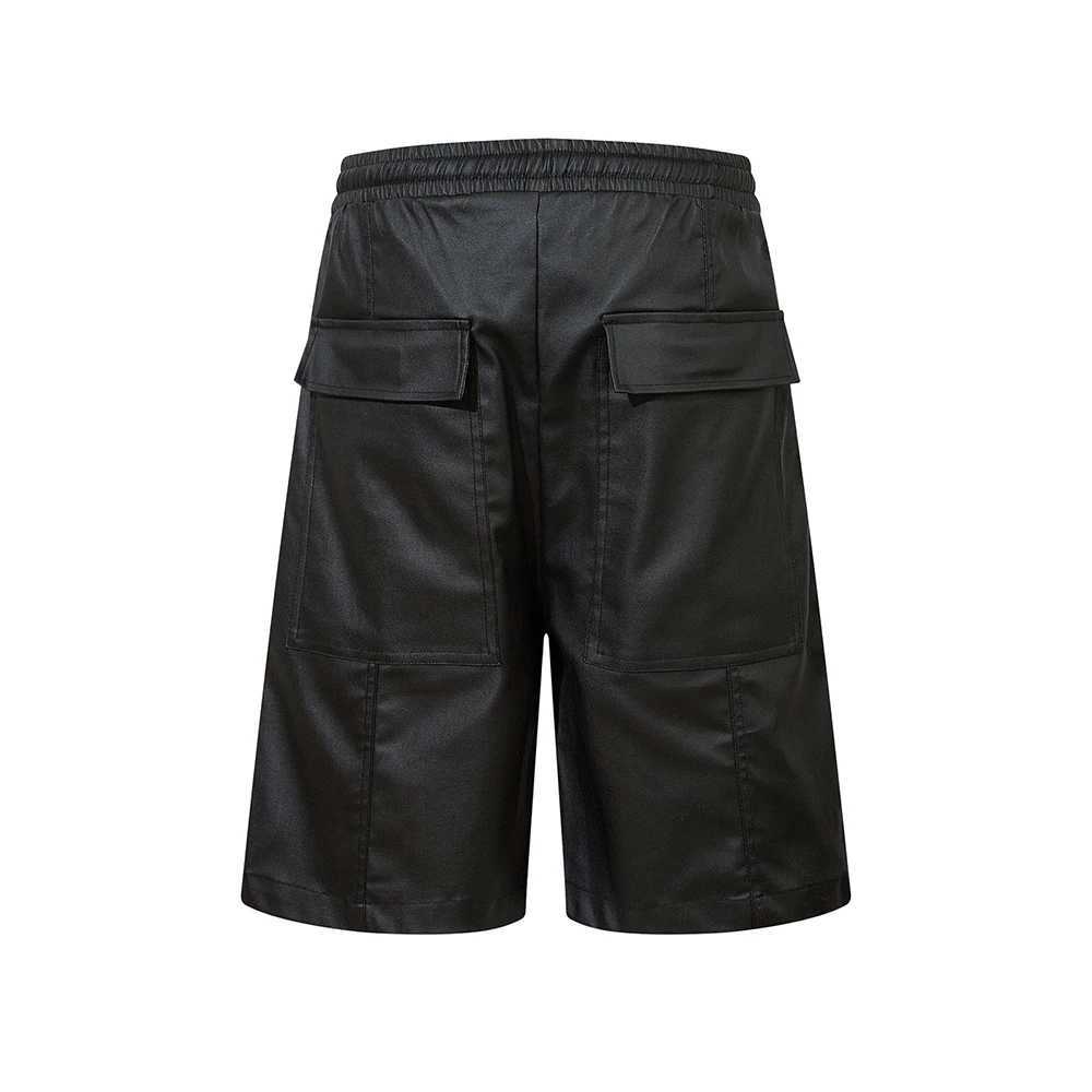 Vintage Black Pu Leather Baggy Shorts for Men Straight Front Big Pockets Casual Summer Drawstring Five Point Pants Oversized M240720