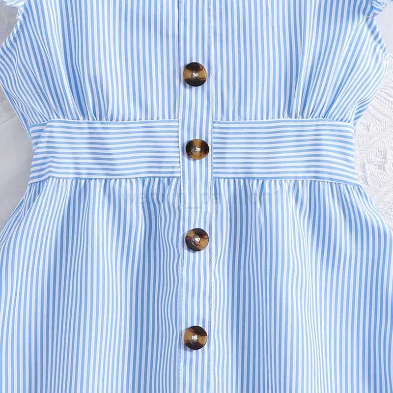 Girl Dress Summer New Light Blue Stripe Ruffled Sleeveless V-Neck Dress Elegant Cute Daily Casual Vacation Preppy Style OutifitsXJ240720