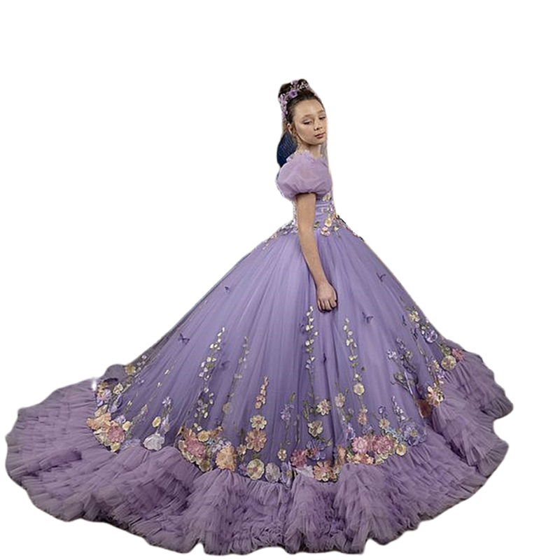 2024 Princess Flower Girls Dresses Puff Sleeves Floral Lace Appliques Ruffles Tiered Ball Gown Wedding Party Gowns Toddler Prom Pageant Birthday Quinc