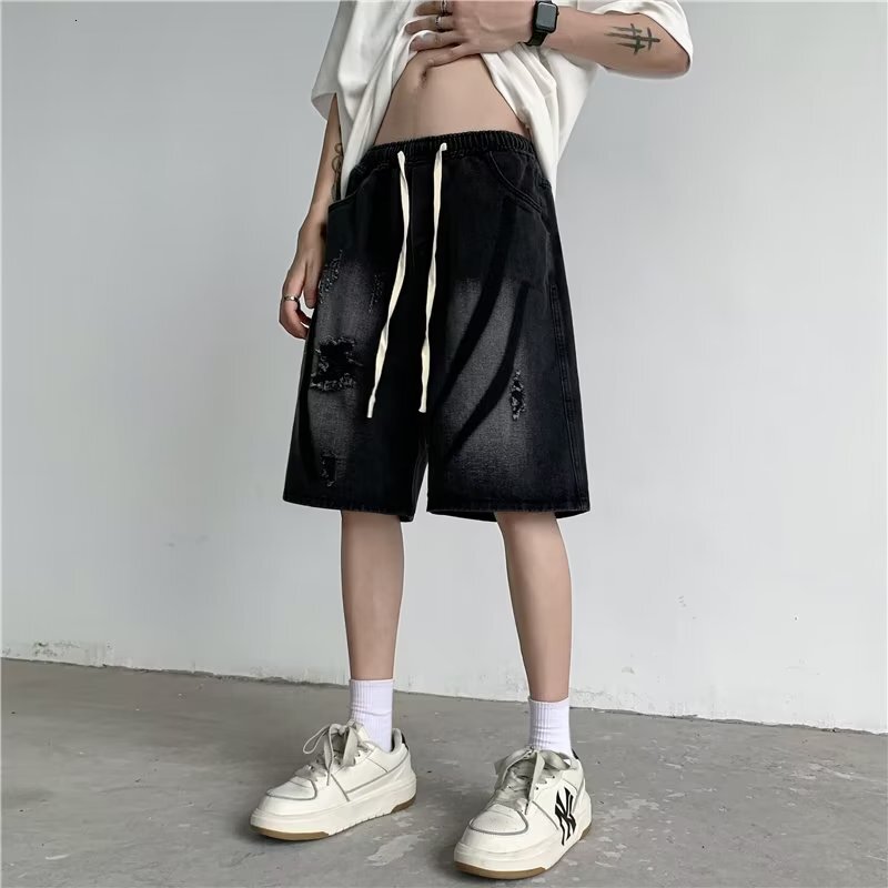 Yellow mud ripped hole American high street Vibe trendy brand denim shorts men's West Coast cement color 5-point pants summer thin