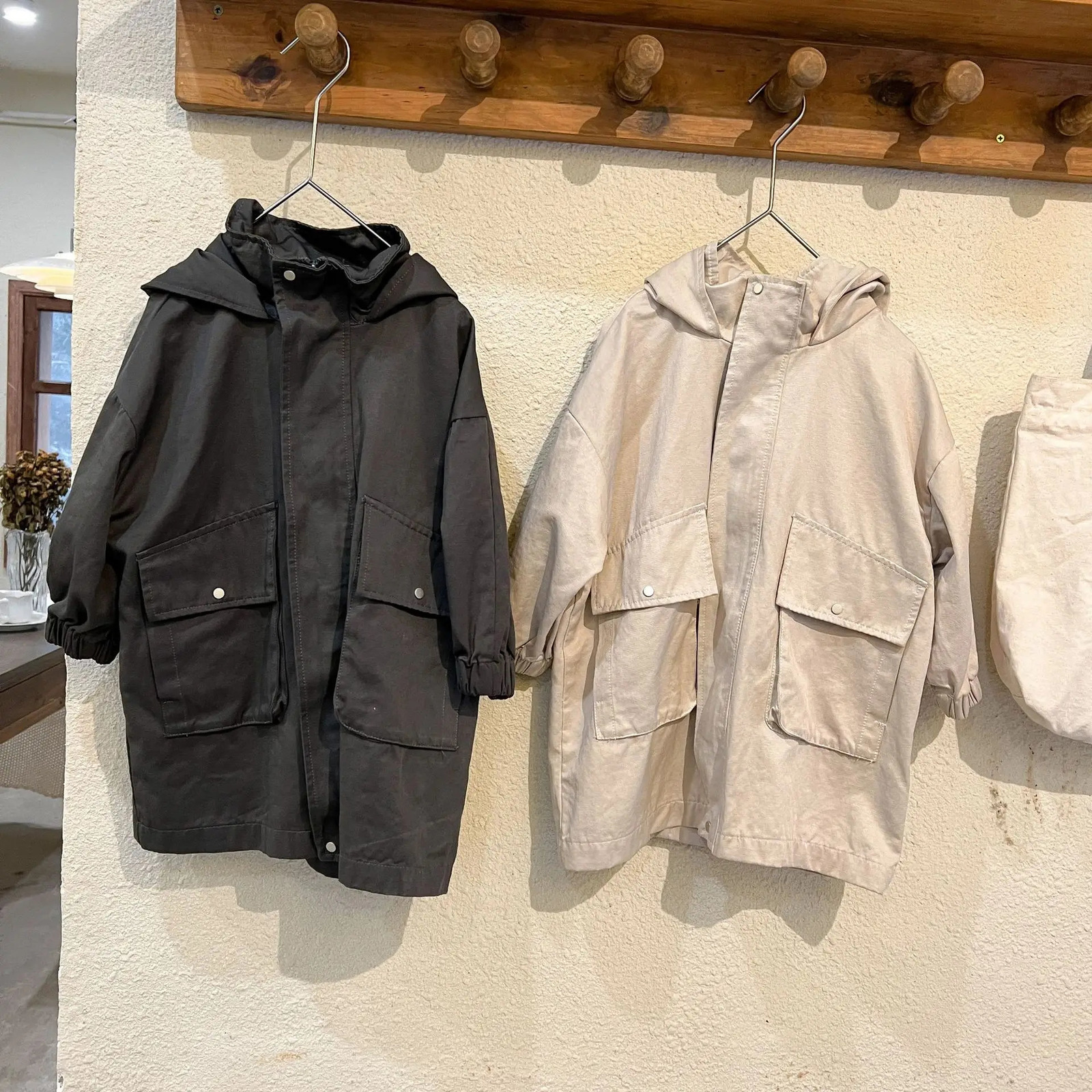 deer jonmi Spring Children Long Jackets Hooded Korean Style Loose Casual Windbreaker Solid Color Kids Coats 240716