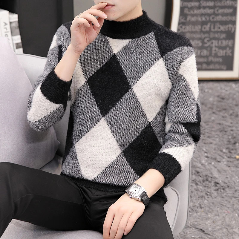 Warm mink cashmere sweater mens winter round neck drawstring skipping rope soft thick Christmas 240718