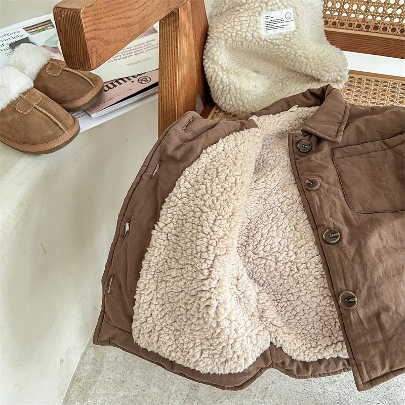deer jonmi Winter Children Fleece Lining Thicken Warm Outerwear Solid Color Korean Style Toddlers Kids Casual Coats 240716