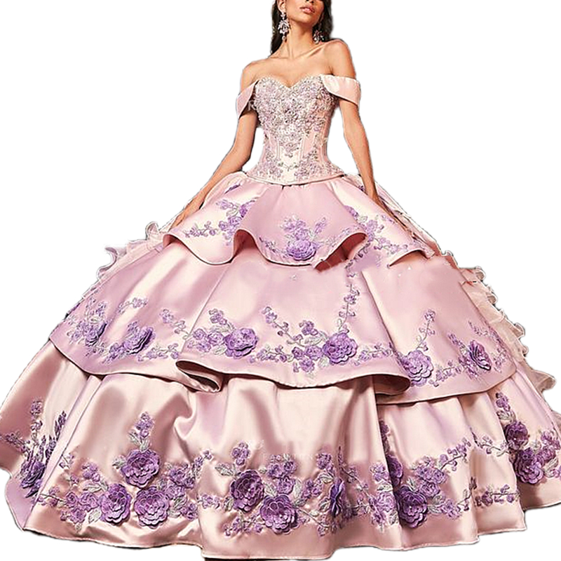 Princess Pink Quinceanera Dresses Tiered 3D ral Appliques Detachable Long Train Bow Back Off Shoulder Corset Charro Prom Birthday Dress Sweet 16 Gowns