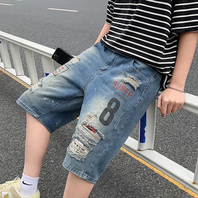 Men's denim shorts with holes, personalized Korean style slim fit mid length pants, summer thin cut, 5-point jeans