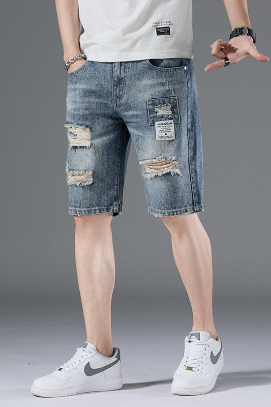 Broken hole denim shorts trendy brand ins summer outerwear loose five quarter men's design sense niche mid length pants