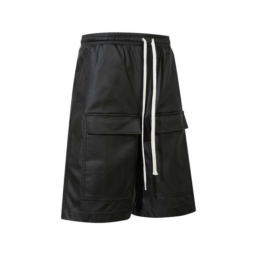 Vintage Black Pu Leather Baggy Shorts for Men Straight Front Big Pockets Casual Summer Drawstring Five Point Pants Oversized M240720