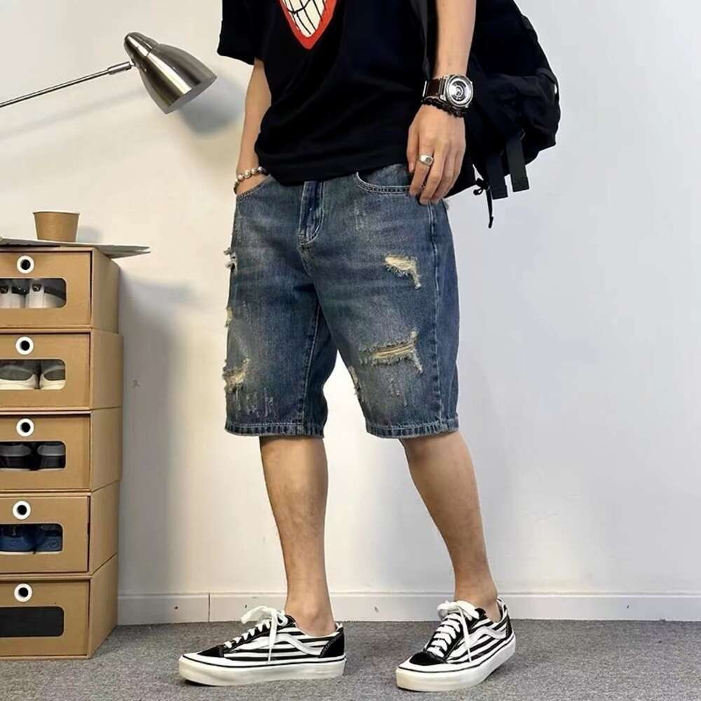 Ripped denim shorts men's summer American trend casual big size high street five quarter pants