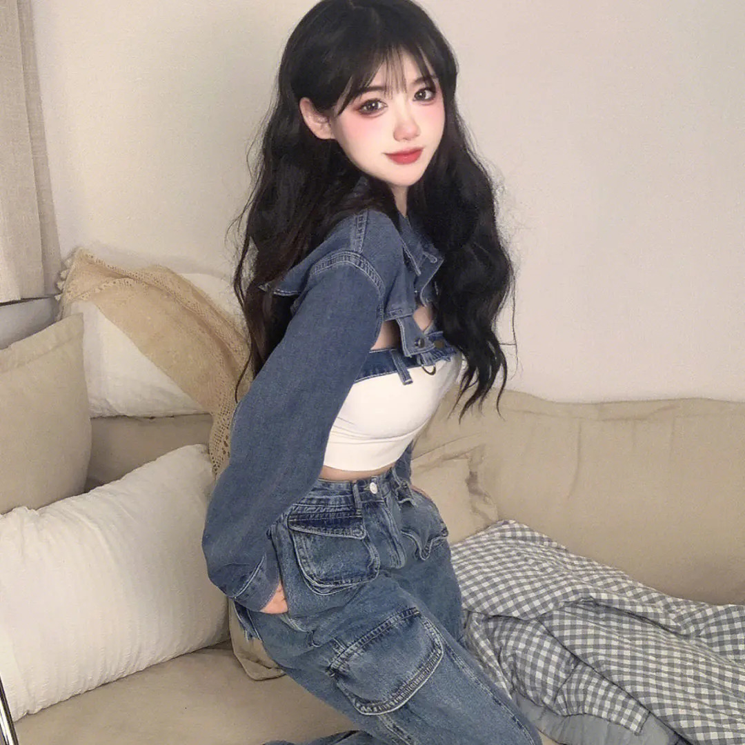 Summer Korean Chic Inner Short Tube Top Vintage Sweet Spicy Jeans Long Sleeve Short Coat Trendy Two Piece Set Women Outfits 240717