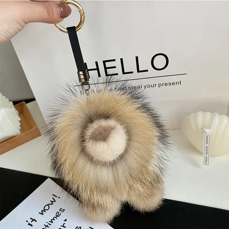 Real Mink Fur Small Lion Pendant Keychain Women Cute Toy Car Key Bag Charm Ornaments Metal Ring Genuine Fur Kids Plush Gifts 240717