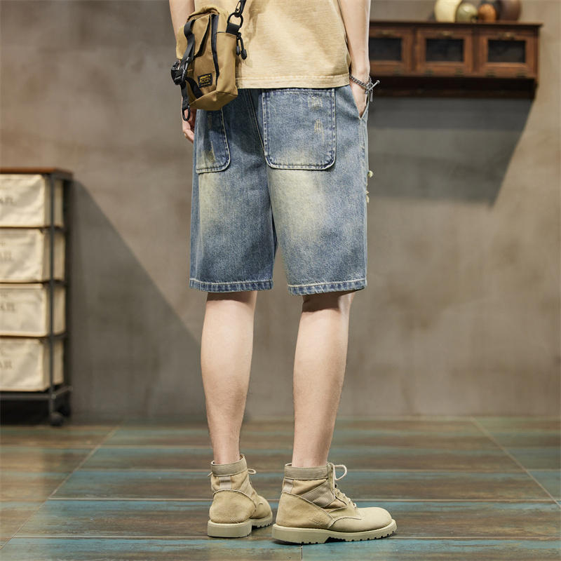 2024 summer casual denim shorts men's versatile loose ripped jeans Korean version trendy ins cropped pants