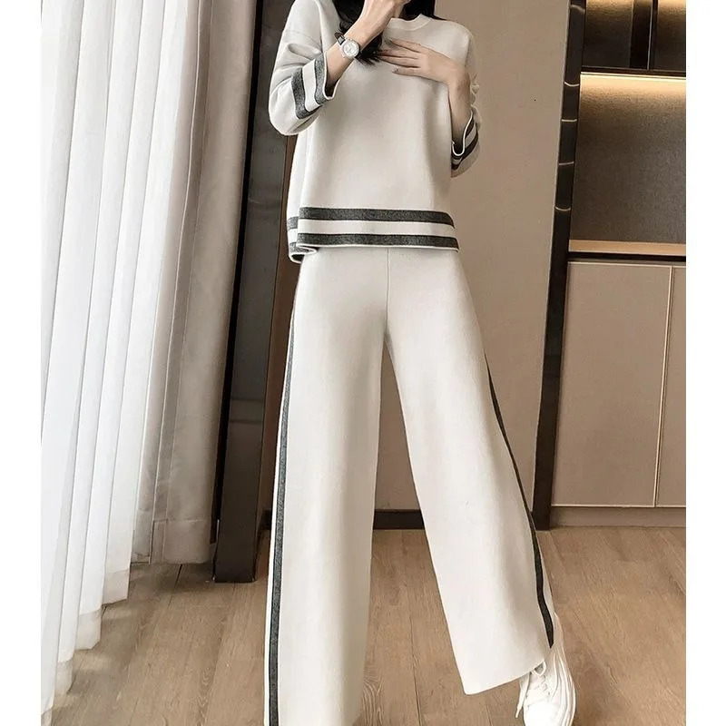Womens casual pants set sportswear fashionable round neck long sleeved pullout loose wide leg Trouser 2piece track 240718