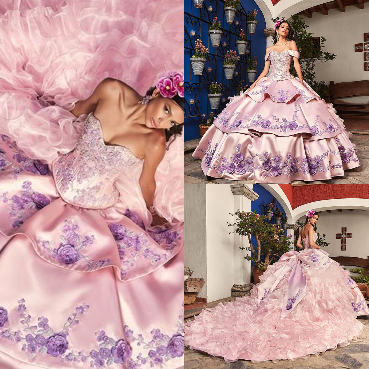 Princess Pink Quinceanera Dresses Tiered 3D ral Appliques Detachable Long Train Bow Back Off Shoulder Corset Charro Prom Birthday Dress Sweet 16 Gowns