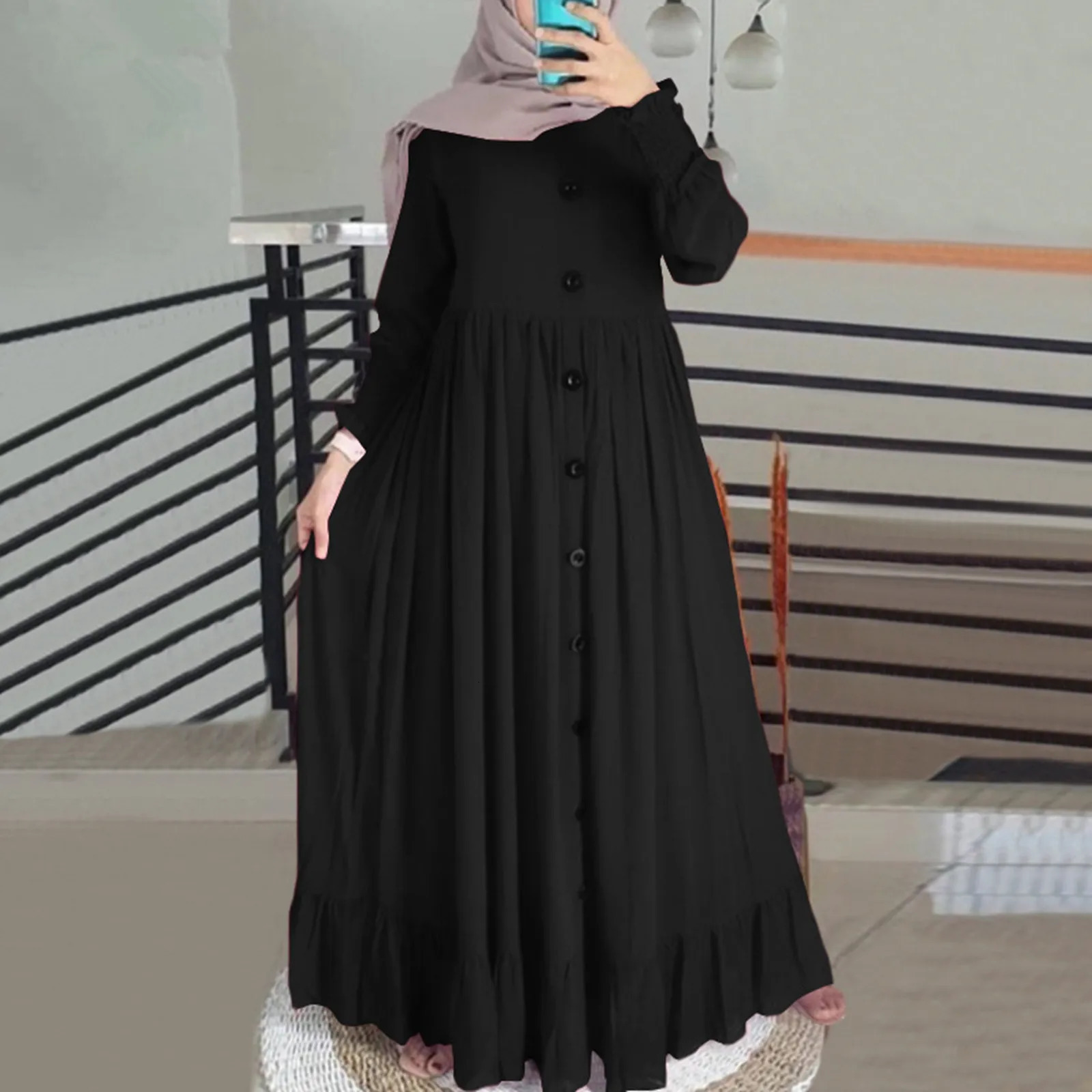 Muslim Hijab Dubai Abaya Long Dresses Women Retro Casual Maxi Dress Oversized Round Neck Ruffle Hem Musulman Djellaba 240712