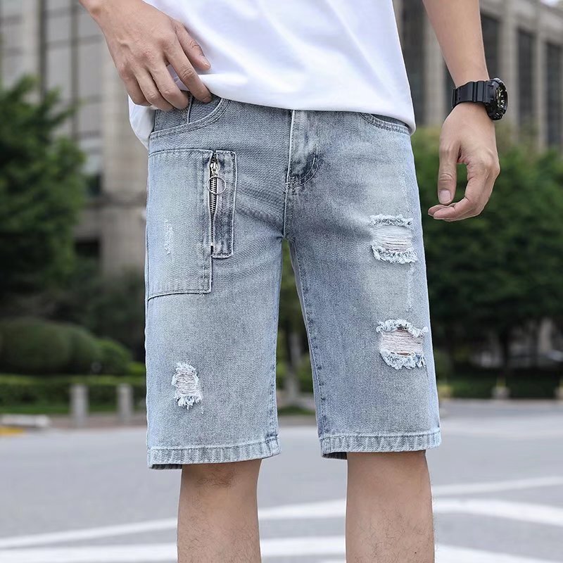 Summer beggar five quarter jeans Korean version slim fit small leg trendy brand men's short mid ripped pants