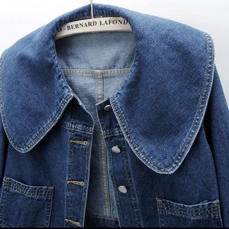 Women Denim Jackets Korean Sailor Collar Fashion Long Sleeves Button Jean Coat Vintage Crop Female Casual Loose Outwear 240717