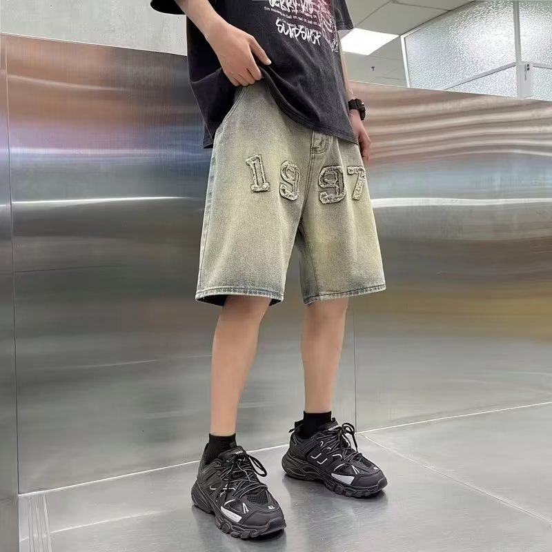 American high street denim shorts men's summer loose wide straight leg five quarter trendy brand cool pants