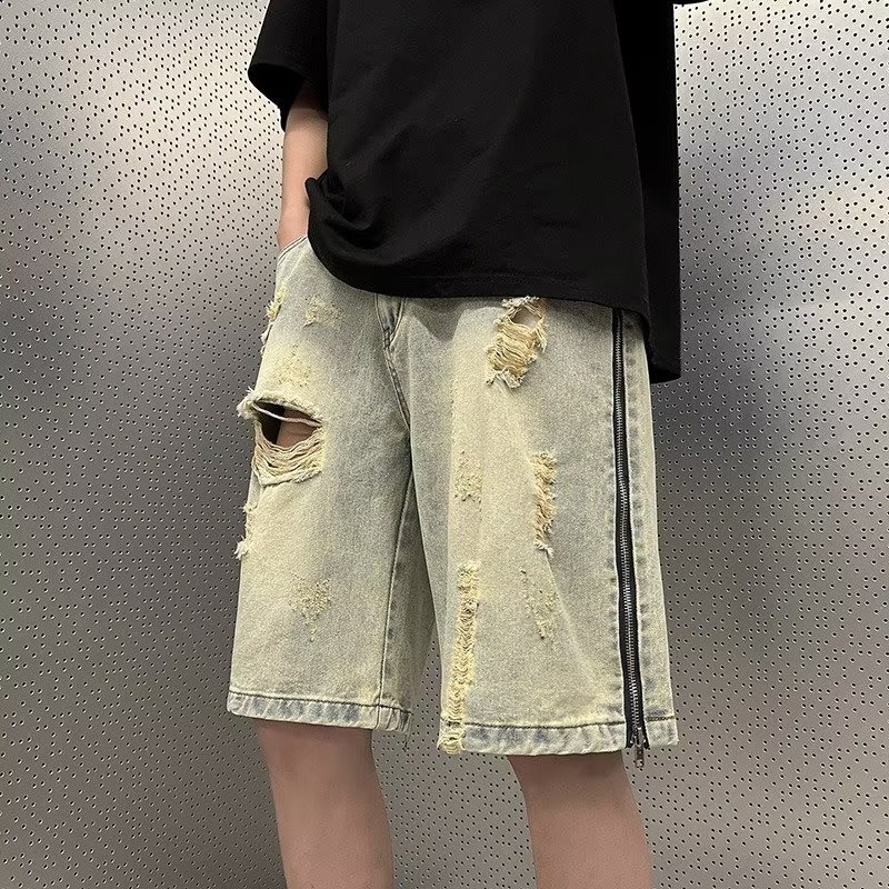 Yellow mud dyed distressed denim shorts, men's side zipper, summer American high street sports and leisure five part pants