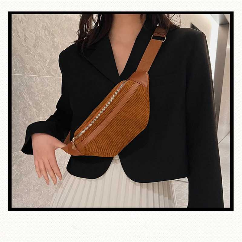 Fashion Corduroy Women Waist Bag Student Ladies Shoulder Crossbody Zipper Chest Bag Phone Banana Female BagsXJ240720