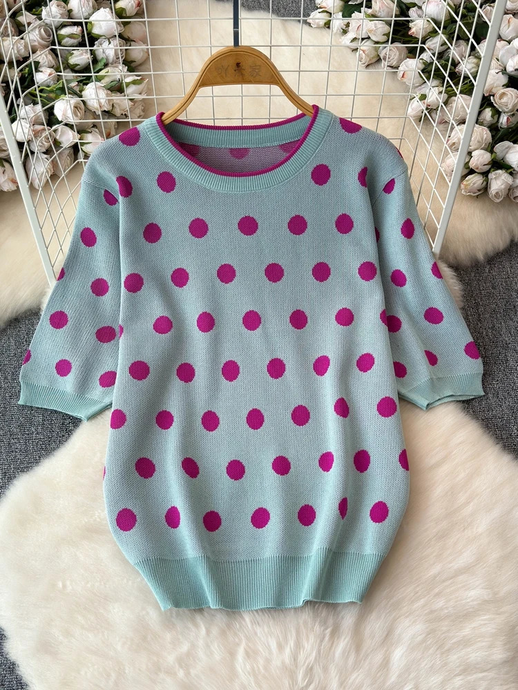Foamlina Women Vintage Polka Dot Knitted Two Pieces Set Casual O Neck Short Sleeve Top and Elastic Waist Split Long Skirt Suits 240712