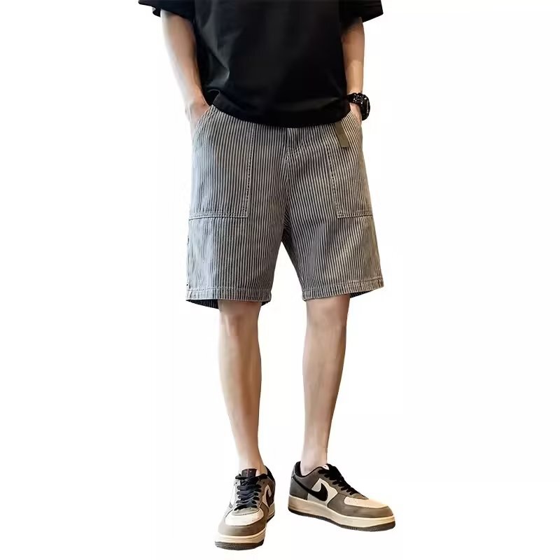 American striped denim shorts trendy brand loose straight five quarter horse men's summer thin casual mid length pants