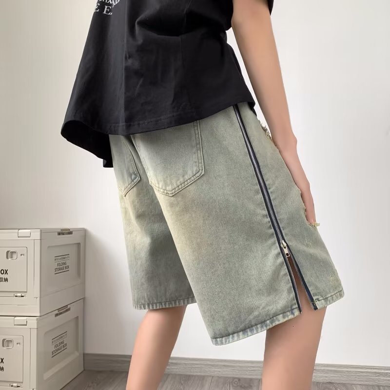 Perforated denim shorts, men's trendy brand loose and casual American oversized beggar's capris, summer thin shorts