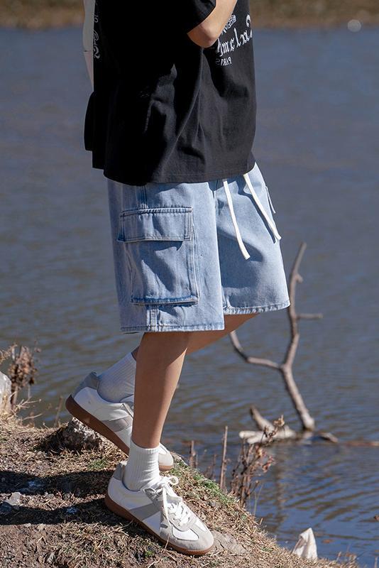 Summer new trend five quarter denim men, loose workwear, elastic waistband, lace up shorts for men
