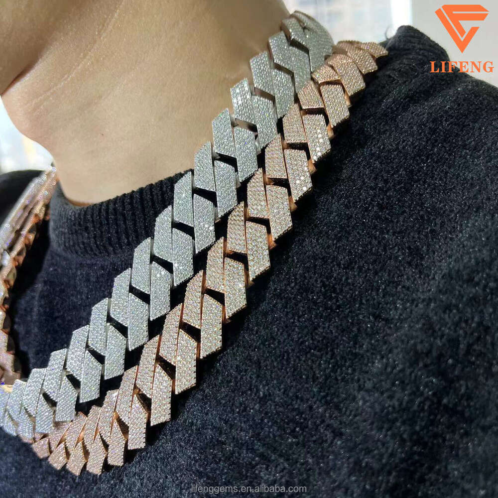 18Mm 3 Rows Sliver Vvs Moissanite Iced Out Hip Hop Jewelry Mossanite Rose Gold Cuban Link Chain