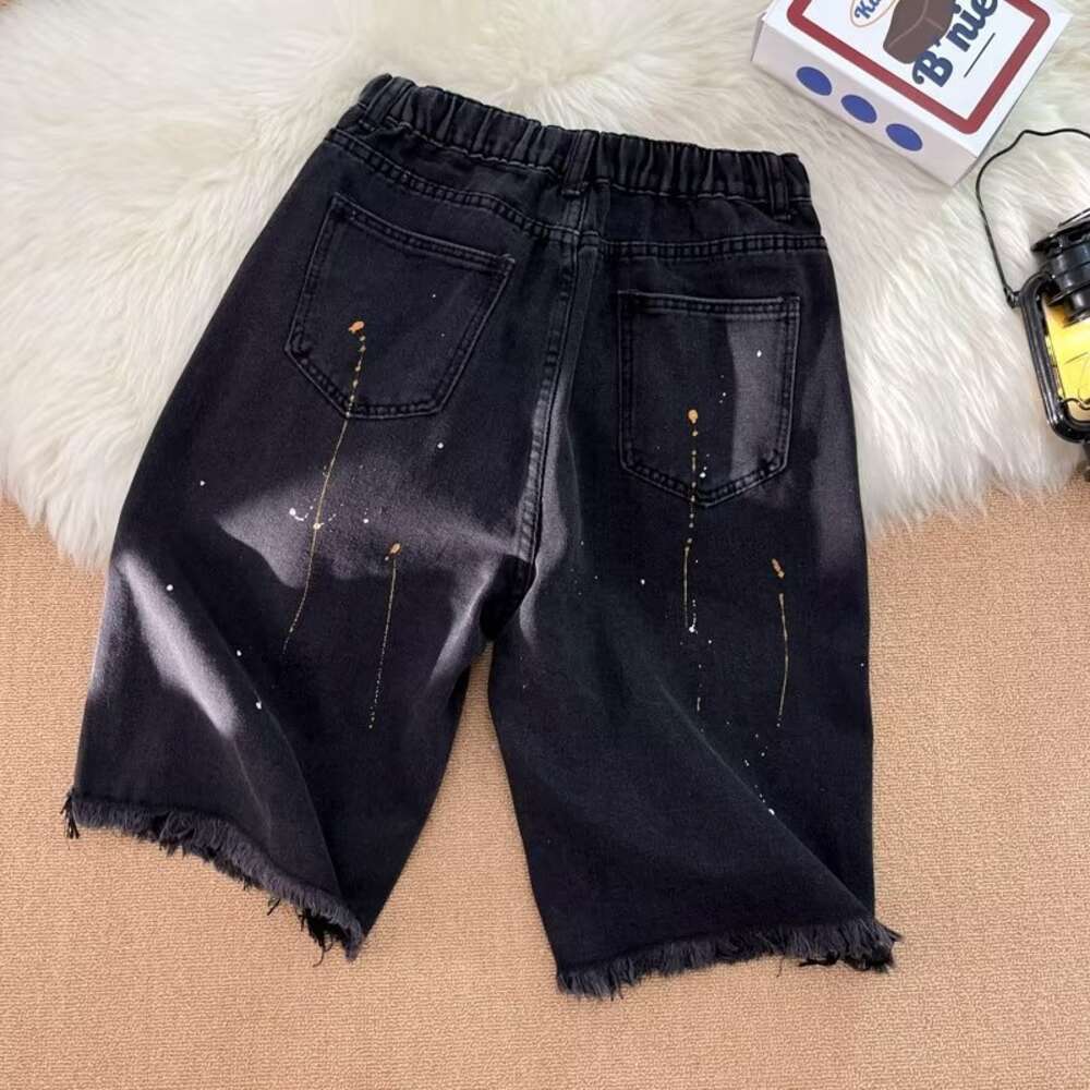 Hairy ripped denim shorts, men's American ins, summer washed and worn pants, straight leg trendy brand high street five quarter pants