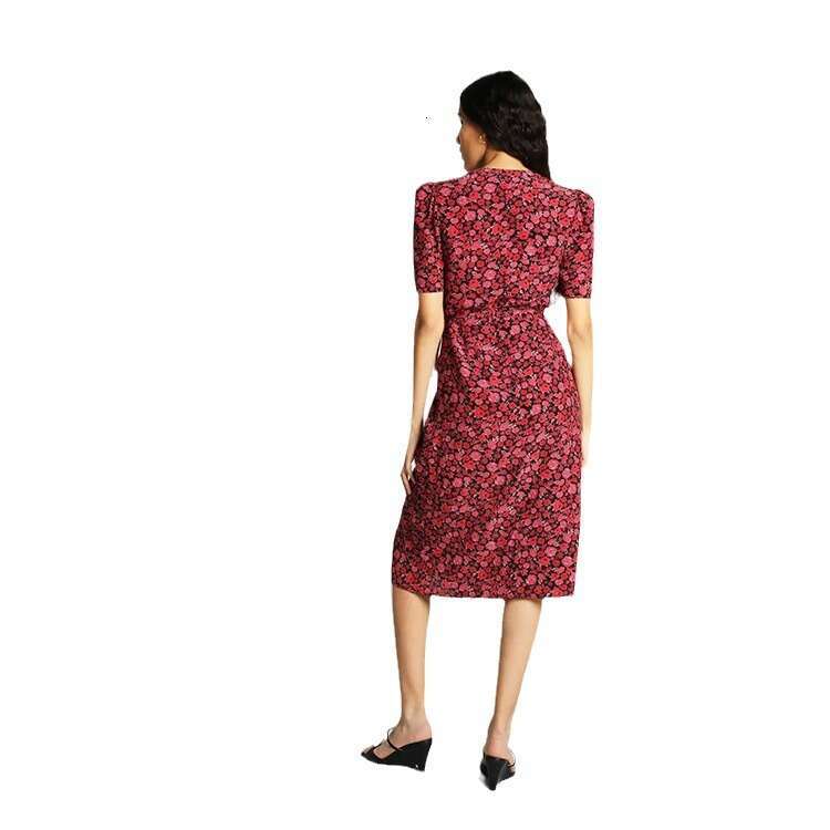 Summer New Style Printed V Neck Short Sleeved Tea Break Skirt Medium Long Waist Collection Dress French Women Denim Dress High Waist Dress BOHO DRESS 
