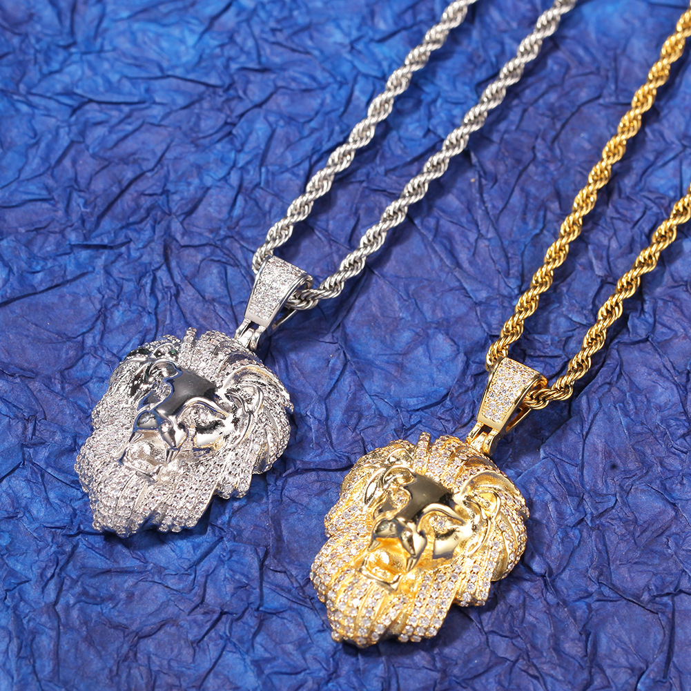 Hip Hop Lion Head Pendant Necklace 18k Gold Plated with Rope Chain Mens Rap Jewelry
