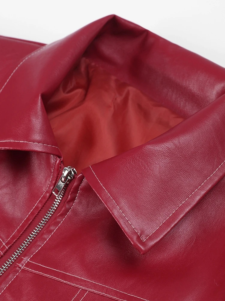 Women Wine Red Patchwork Zipper Leather Rider Coat Casual Long Sleeve Lapel Fly Cropped Jacket Vintage Autumn Fashion Outerwear 240715