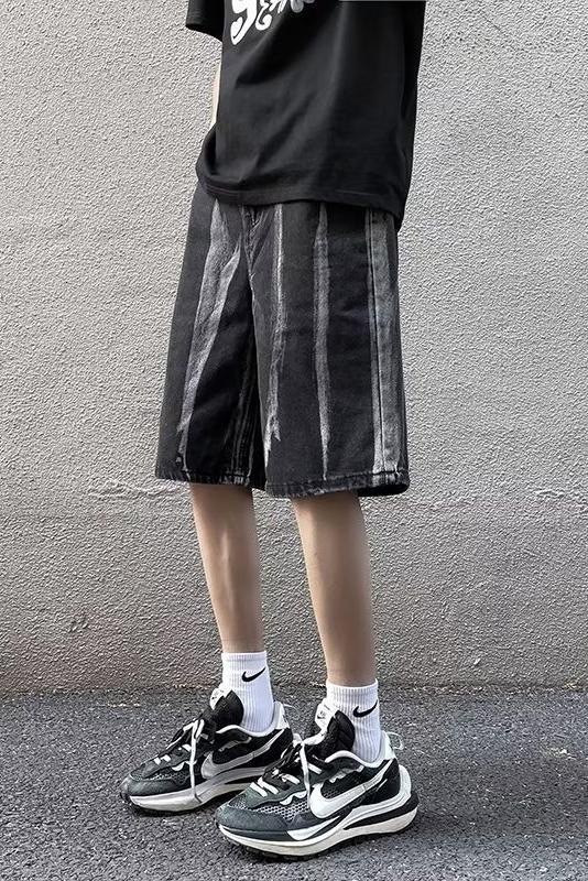 Trendy brand tie dyed denim straight leg capris, summer loose pants, men's shorts, American high street pants