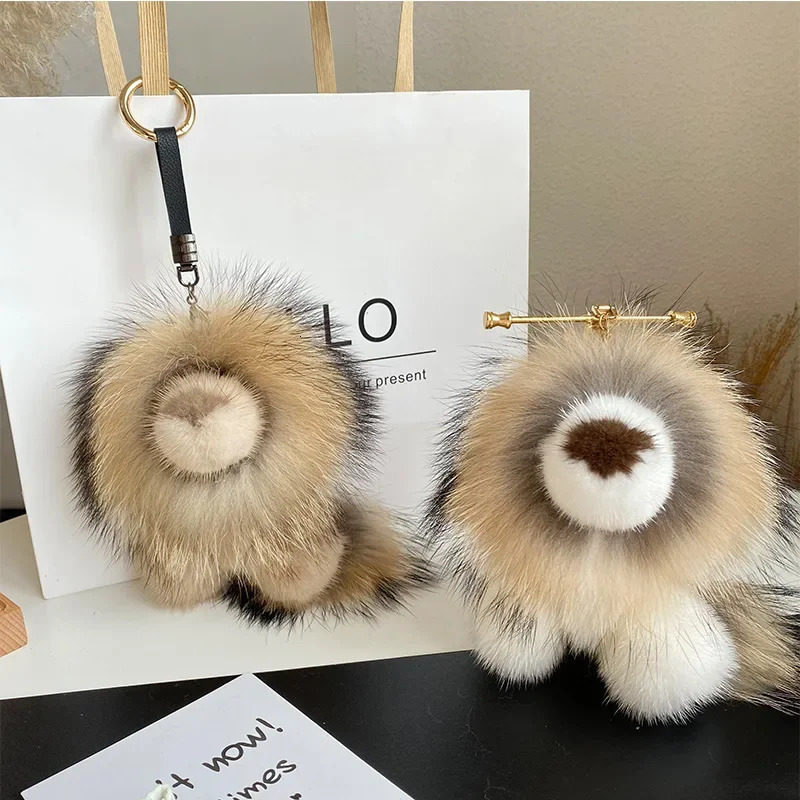 Real Mink Fur Small Lion Pendant Keychain Women Cute Toy Car Key Bag Charm Ornaments Metal Ring Genuine Fur Kids Plush Gifts 240717