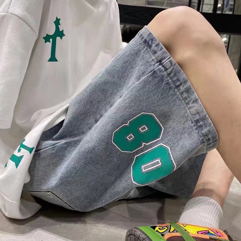 Jeans men's summer thin high street five quarter loose straight wide leg trendy brand versatile short pants