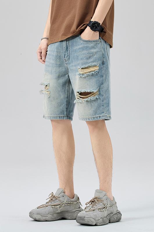 2024 Summer American Light Blue Washed Piercing Trendy Brand Denim Five Cent Shorts Men's Wear