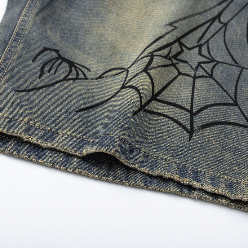 Summer spider print denim shorts men's loose mid length American casual six quarter pants