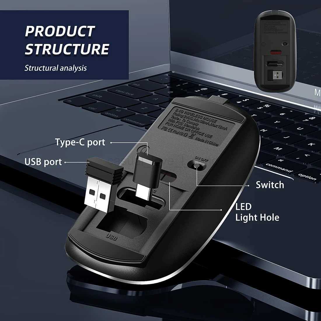 Wireless Mouse Chargeable Portable Silent USB and Type-C Dual Mode Mouse 3 Adjustable DPI for Laptop Mac MacBook Android PCCL240720