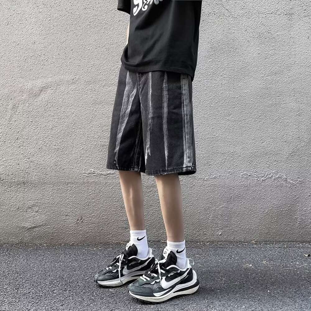 Trendy brand tie dyed denim straight leg capris, summer loose pants, men's shorts, American high street pants
