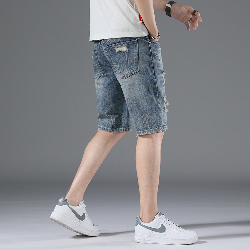 Broken hole denim shorts trendy brand ins summer outerwear loose five quarter men's design sense niche mid length pants