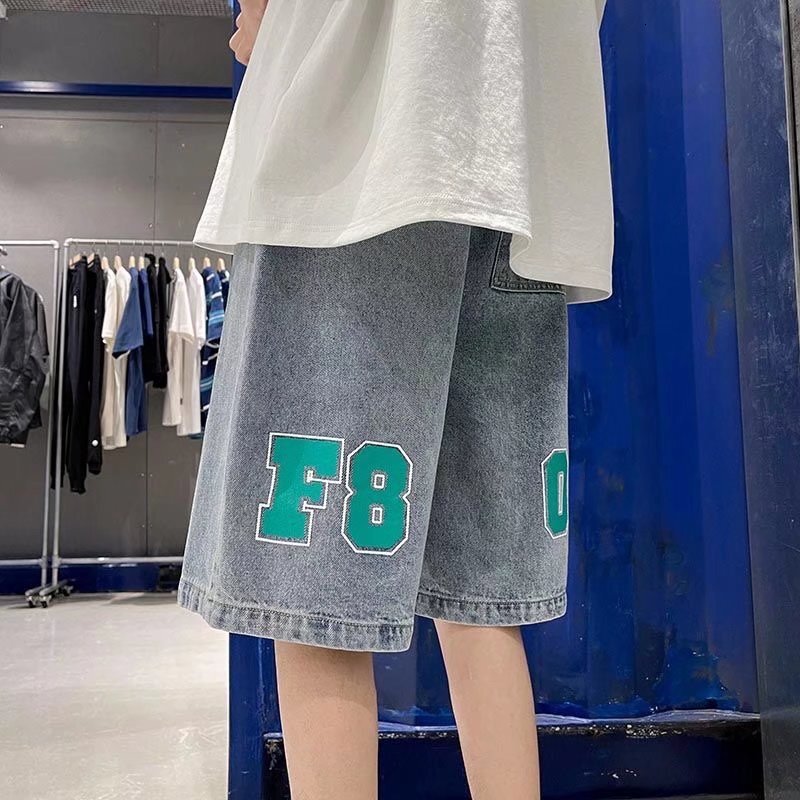 Jeans men's summer thin high street five quarter loose straight wide leg trendy brand versatile short pants