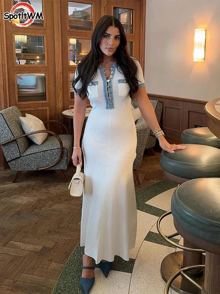 Fashion Round Neck Button Knitted Long Dresses Lady Elegant Short Sleeve Splice Maxi Dress 2024 Summer Chic Female Vacation Robe 240715