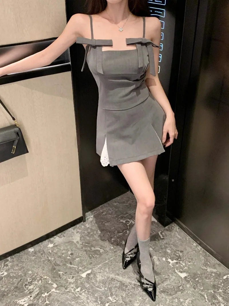 Sweet Girl Suit Womens Summer Bow Slim Strap Vest Split Lace Patchwork Mini Skirt Twopiece Set Fashion Female Clothes 240716