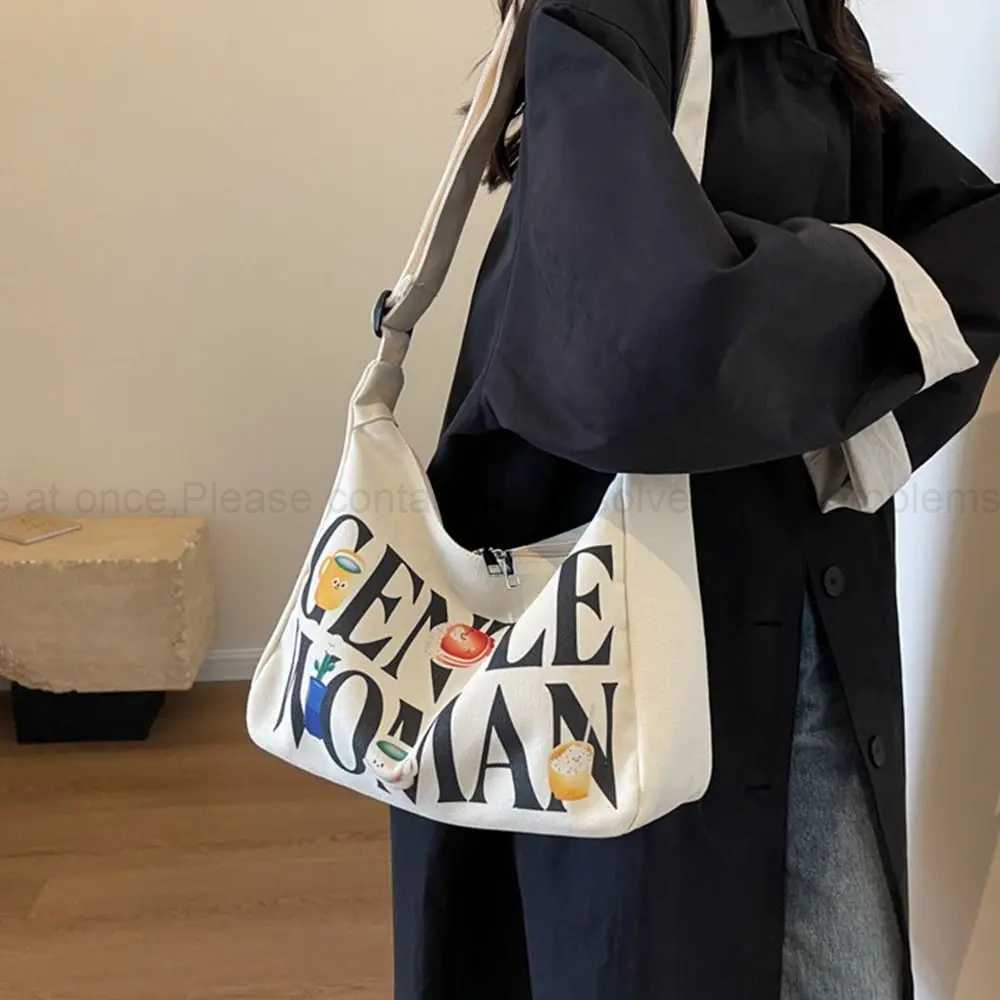 Gentlewoman Large Capacity Letters Canvas Portable Shoulder Tote Bags Students Crossbody Bag Fashion Outing Handbags Z240910