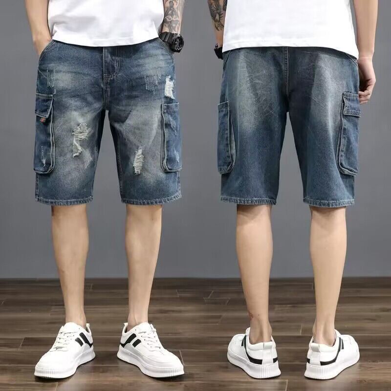 Men's denim shorts, summer new style, large pocket, perforated casual five quarter loose straight tube, thin mid length pants, trendy