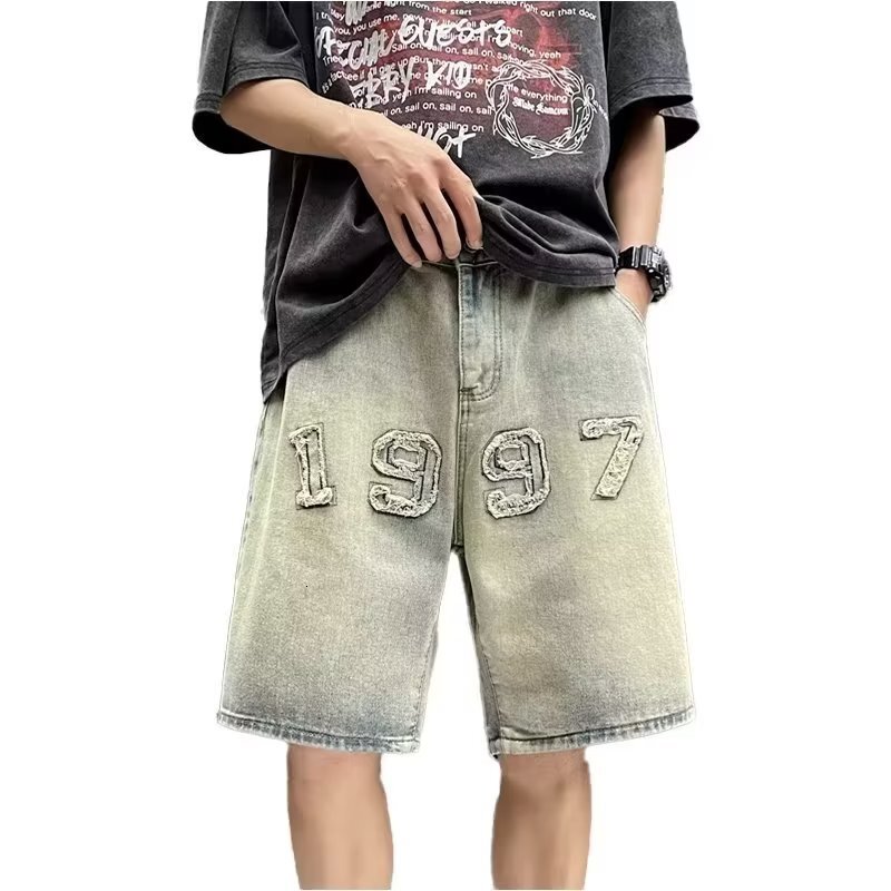 American high street denim shorts men's summer loose wide straight leg five quarter trendy brand cool pants