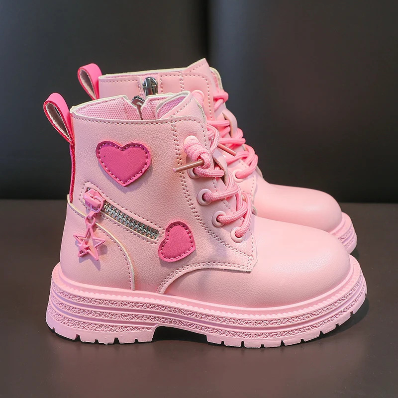 Girls Boots Kids Fashion Rubber Boots Cool Girl Autumn and Winter Cotton Soft Sole Pink with Love Side Zip Princess Round-toe PU 240710