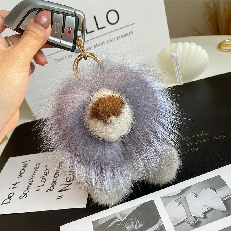 Real Mink Fur Small Lion Pendant Keychain Women Cute Toy Car Key Bag Charm Ornaments Metal Ring Genuine Fur Kids Plush Gifts 240717