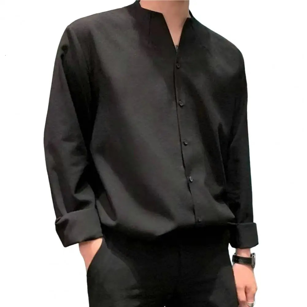 Stylish Casual Shirt AntiPilling Autumn Loose Fit Solid Work Collarless Colorfast Men Daily Clothing 240716